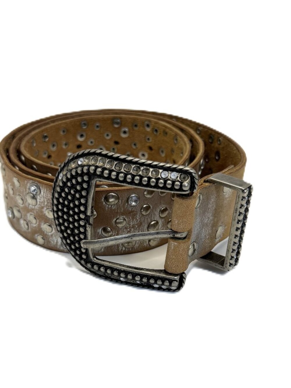 Y2K Western Rhinestone Studded Leather Belt Bling Buckle Distressed Metallic
